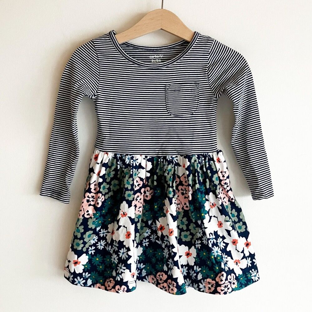 Carters Toddler Girls Size 2 2T Long Sleeve Dress Striped Floral Print Pocket